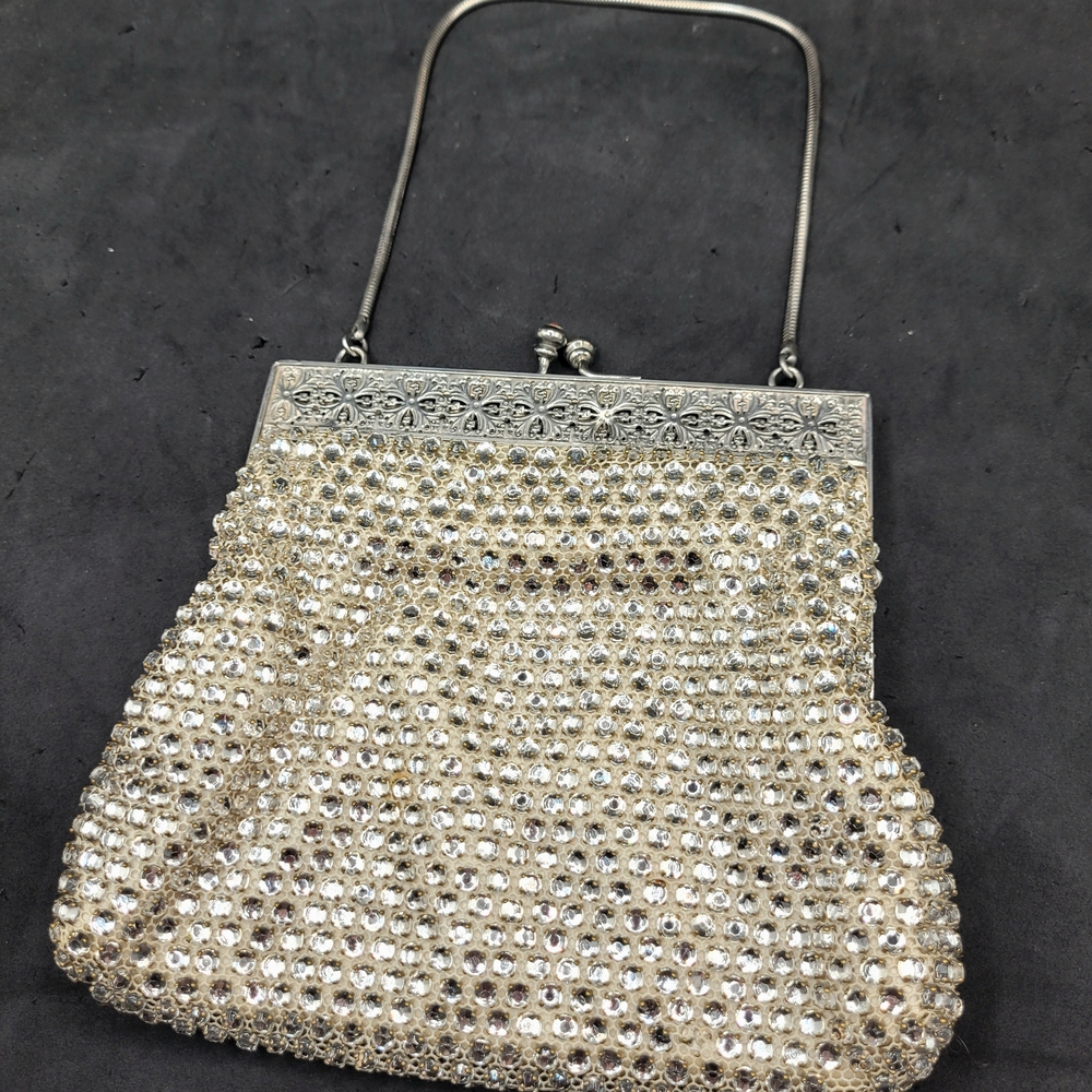 Vintage DELILL Prong Set Crystal Silver Plate Cream Handbag Purse Evening Bag